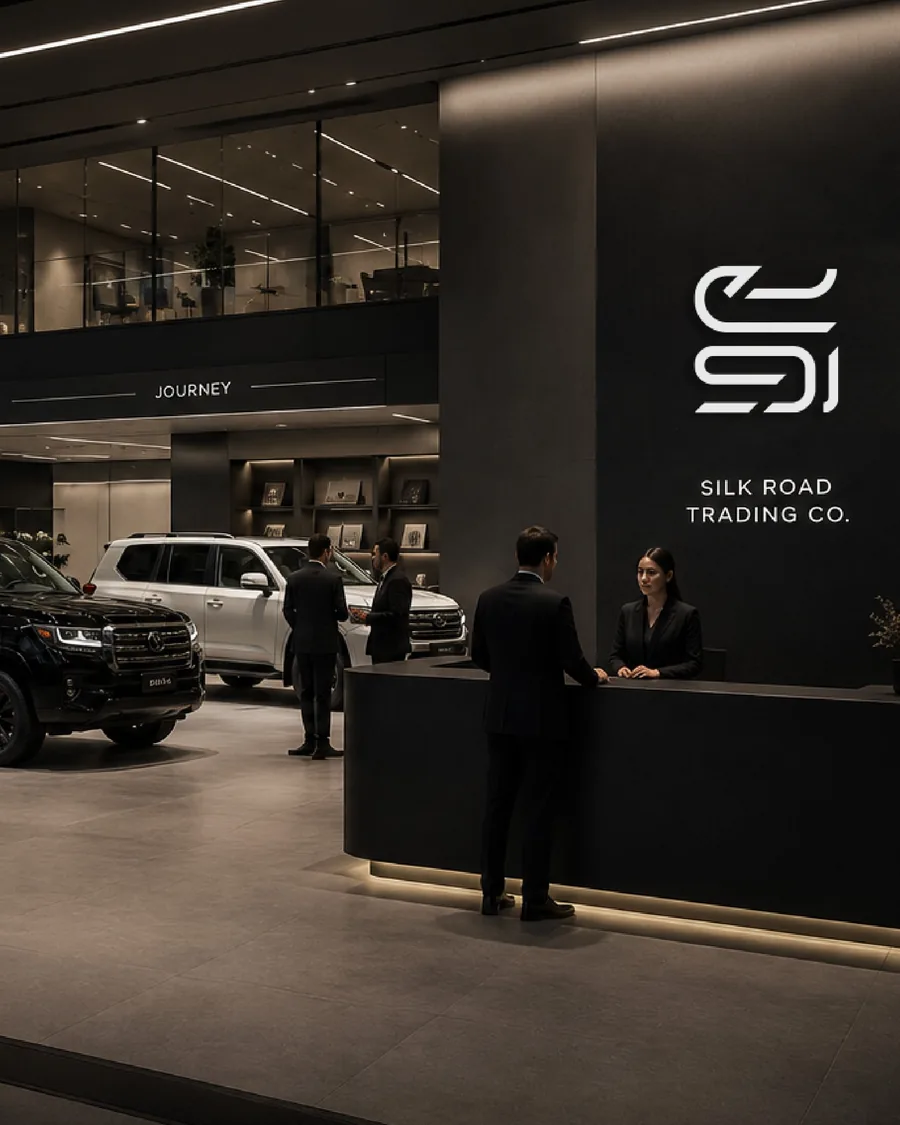 Inside the SIRO showroom, with the SIRO mark on the pillar at one end and on the reception wall at the other